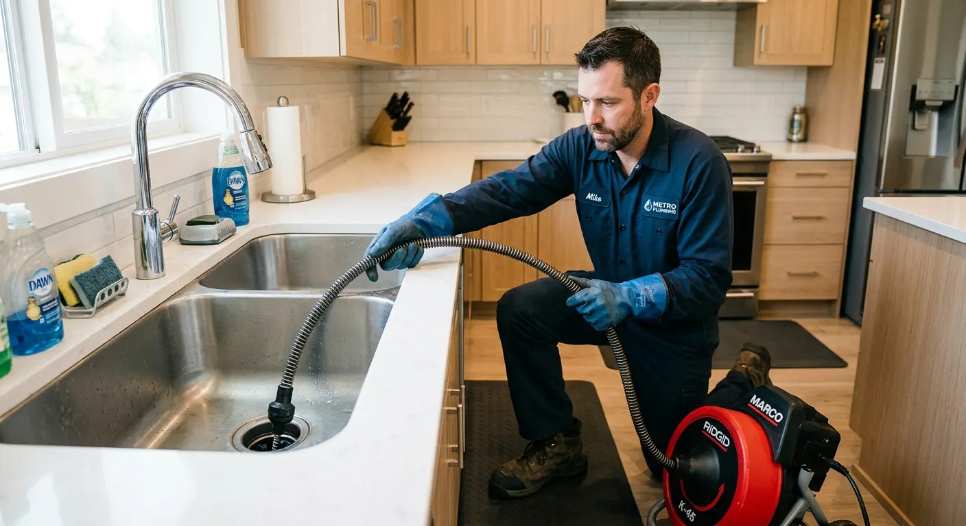 Drain cleaning technician using a motorized snake on a kitchen sink in South Barrington