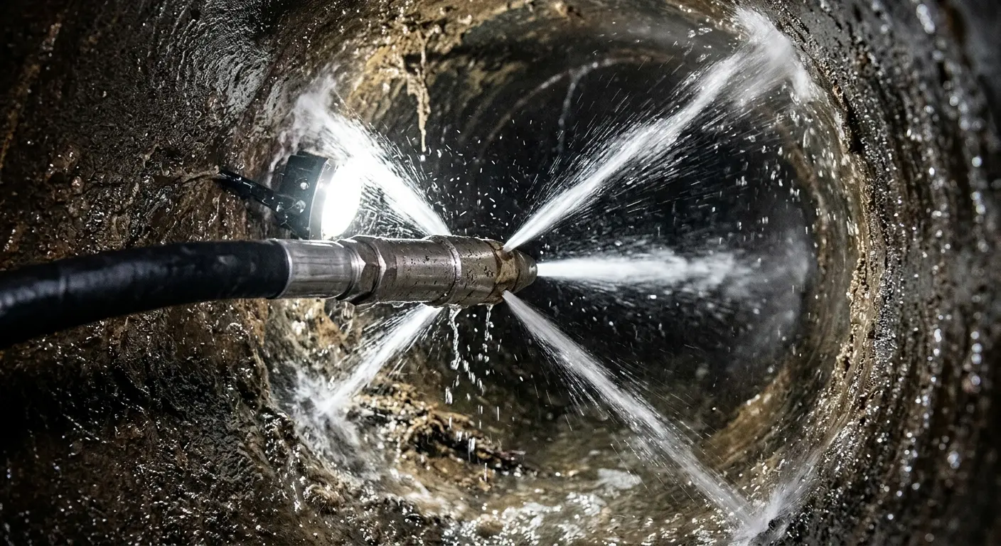 High-pressure hydro jetting nozzle cleaning sewer pipe for Sewer Cleanout in South Barrington
