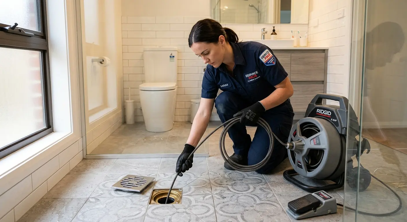 Technician clearing a bathroom floor drain for Drain Cleaning in South Barrington